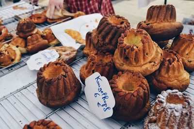 High angle view of almond muffins at market stall