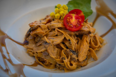 High angle view of pasta in plate