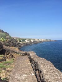 Scenic view of sea against clear blue sky