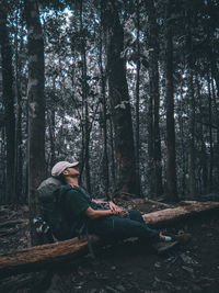 Rear view of man sitting in forest