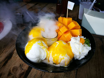 High angle view of breakfast on table