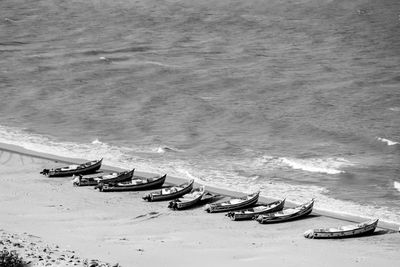 High angle view of boats moored in sea