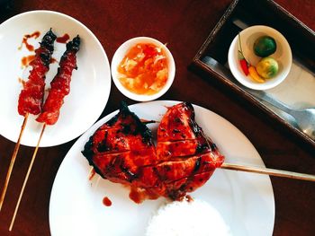 High angle view of food served on table