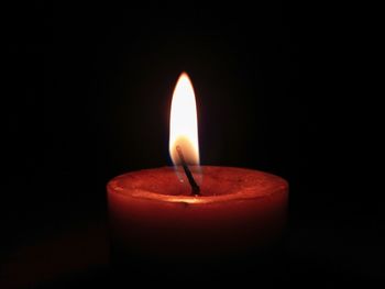 Close-up of lit candle against black background