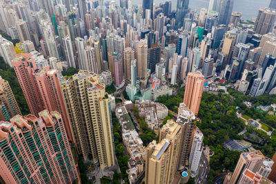 High angle view of modern buildings in city