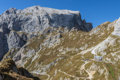 Scenic view of snowcapped mountains against clear sky