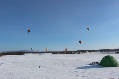 Hot air balloons flying against blue sky