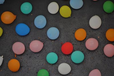 High angle view of colorful balloons on floor