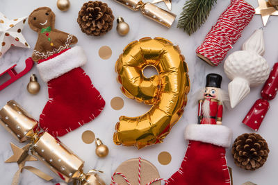 Directly above shot of christmas decorations on table