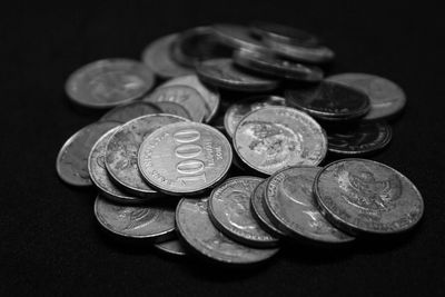 High angle view of coins on table