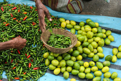 Cropped hands of customer and vendor at market stall