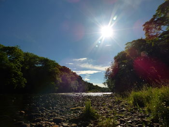 Scenic view of waterfall against sky