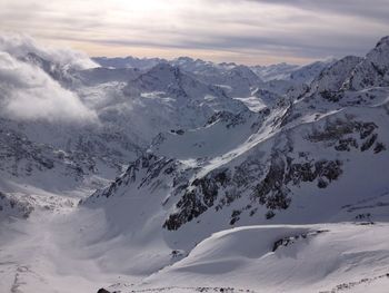 Scenic view of snow covered mountains against sky