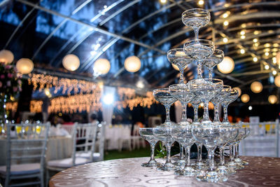 Arrangement of drinking glasses on table