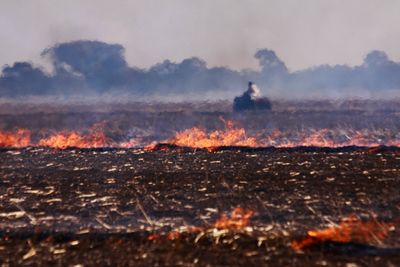 Scenic view of bonfire on field against sky