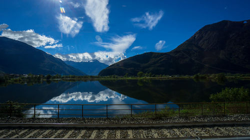 Scenic view of lake and mountains against sky