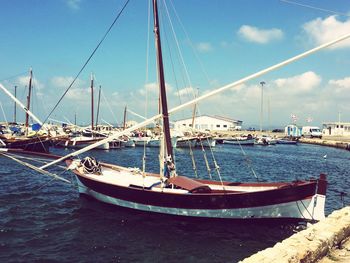 Sailboats moored at harbor against sky