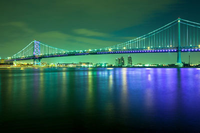 Illuminated suspension bridge over river at night