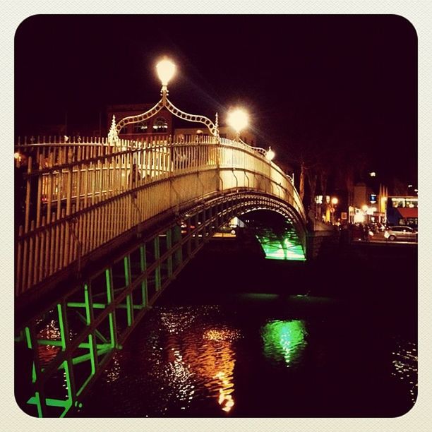 illuminated, night, architecture, built structure, transfer print, water, building exterior, reflection, bridge - man made structure, connection, street light, auto post production filter, river, city, canal, waterfront, transportation, lighting equipment, sky, bridge