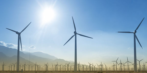 Wind turbines on field against bright sun