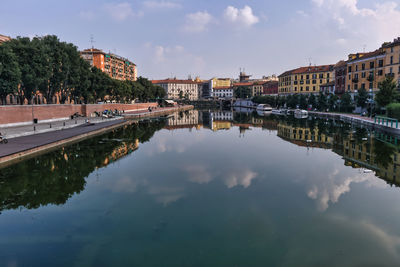 Milan dock in the morning - reflection of buildings in water