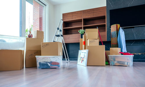 Boxes and furniture in new home