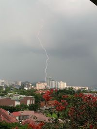 Lightning over cityscape against dramatic sky