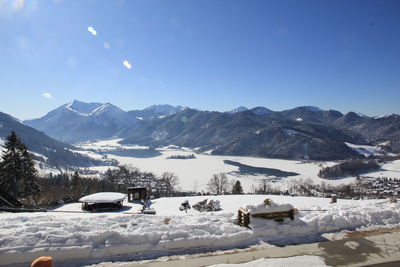 Scenic view of mountains against clear blue sky