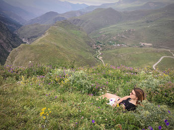 High angle view of woman on field