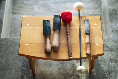 High angle view of objects on table