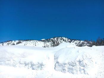 Scenic view of snowcapped mountains against clear blue sky