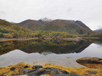 Scenic view of lake and mountains against sky