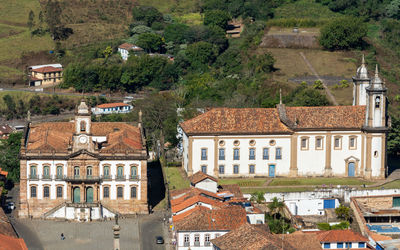 High angle view of buildings in town