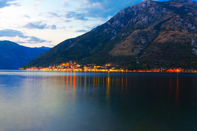 Perast coast town at kotor bay in montenegro . evening view of illuminated perast old town