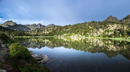 Scenic view of lake and mountains against sky