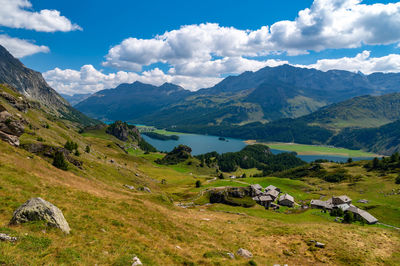 Panoramic view of the engadin, lake sils and the village of blaunca.