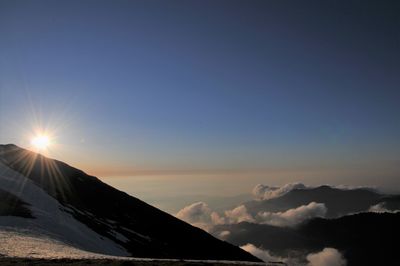 Scenic view of mountains against sky during sunset
