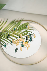 High angle view of vegetables in plate on table