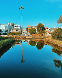 Scenic view of lake against clear blue sky