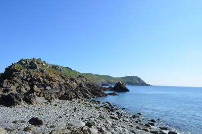 Scenic view of sea against clear blue sky