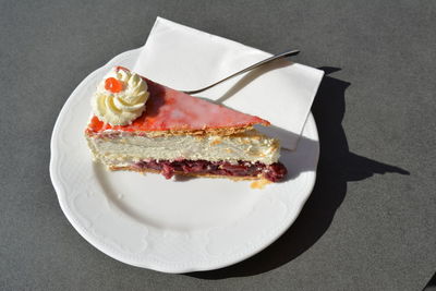 High angle view of baked pastry cake in plate