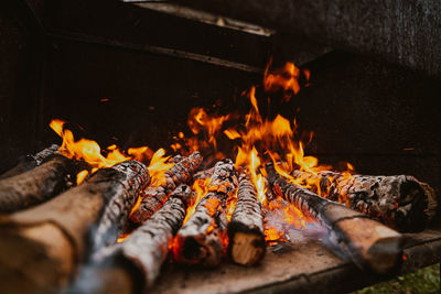 Close-up of bonfire on barbecue grill