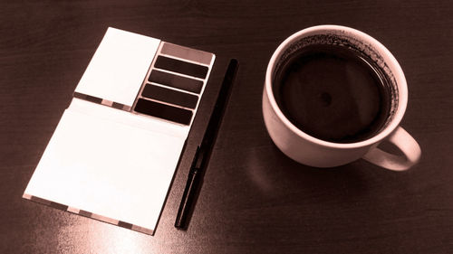 High angle view of coffee on table