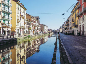 Reflection of buildings in canal against sky in city