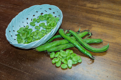 High angle view of green fruits on table