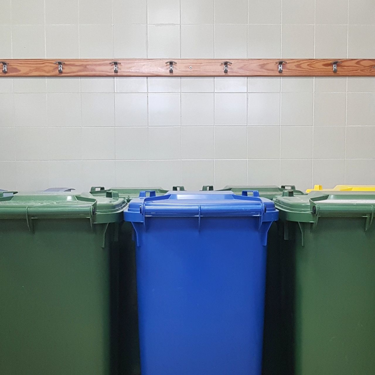 indoors, no people, hygiene, room, garbage bin, waste container, blue, recycling, environmental issues, plastic, domestic room, flooring, environmental conservation, recycling bin, green