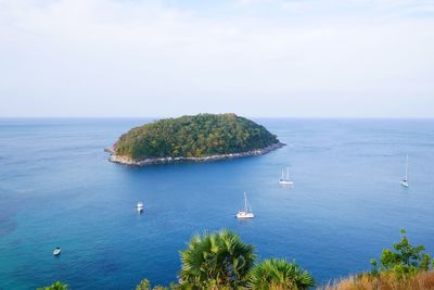 High angle view of bay in sea against sky