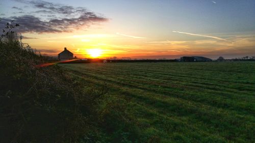 Scenic view of field against sky during sunset