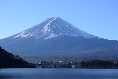 Scenic view of snowcapped mountain against blue sky