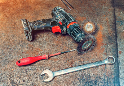 High angle view of work tools on table